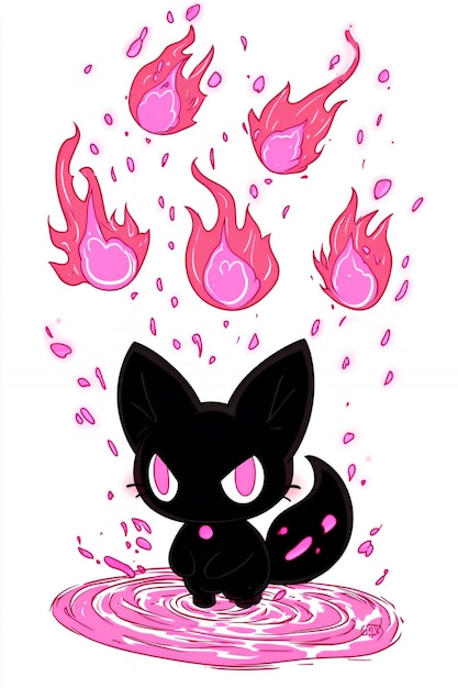 Photo cute black cat with pink flames