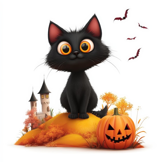 Cute Black Cat with Pumpkin and Halloween Castles