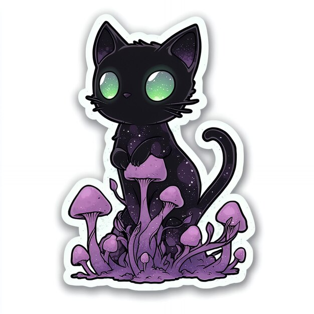 Cute Black Cat with Purple Mushrooms