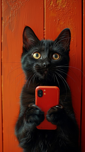 Cute black cat with smartphone mobile phone