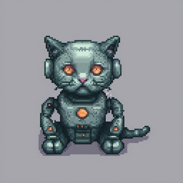 Cute black cat with striking orange eyes in pixel art perched on a gray backdrop