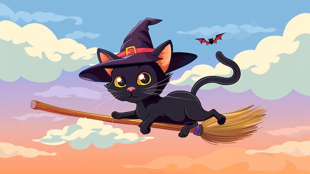 Photo a cute black cat with a witchs hat flies on a broomstick through a sky full of clouds