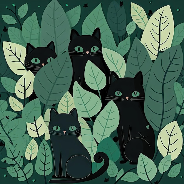 Cute black cats in green leaves ai generated illustration Halloween party background Curious kittens with big eyes floral jungle leaf and sitting mysterious retro cats