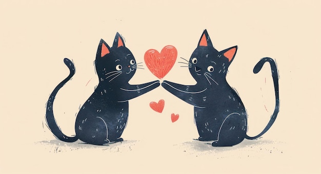 Photo cute black cats with a heart playful and charming illustration on a light beige background perfect