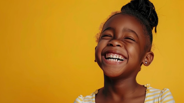 A Cute Black Girl Laughs Sincerely Against A Yellow Background Her Face Glowing With Joy