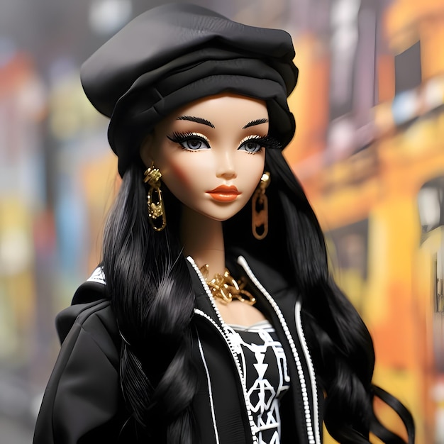 Cute black haired Barbie wearing a black clothes against blurred city background Close Front view