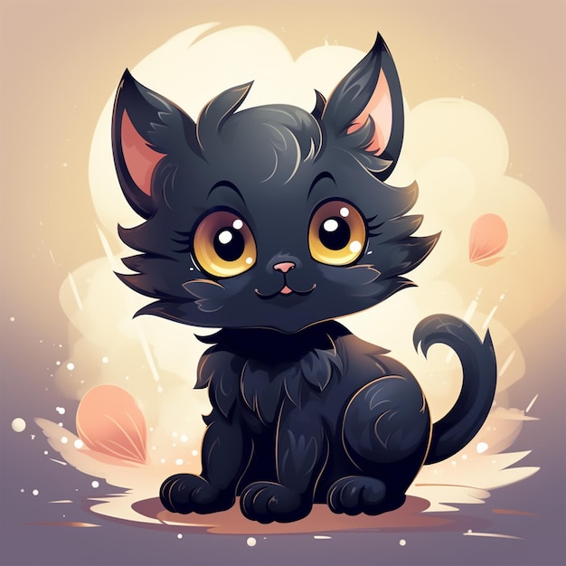 Cute black kitten cartoon style sitting on beige and purple background