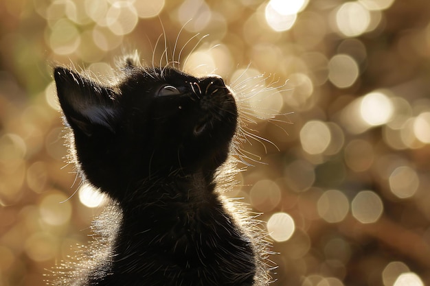 Cute black kitten in the rays of the setting sun backlit