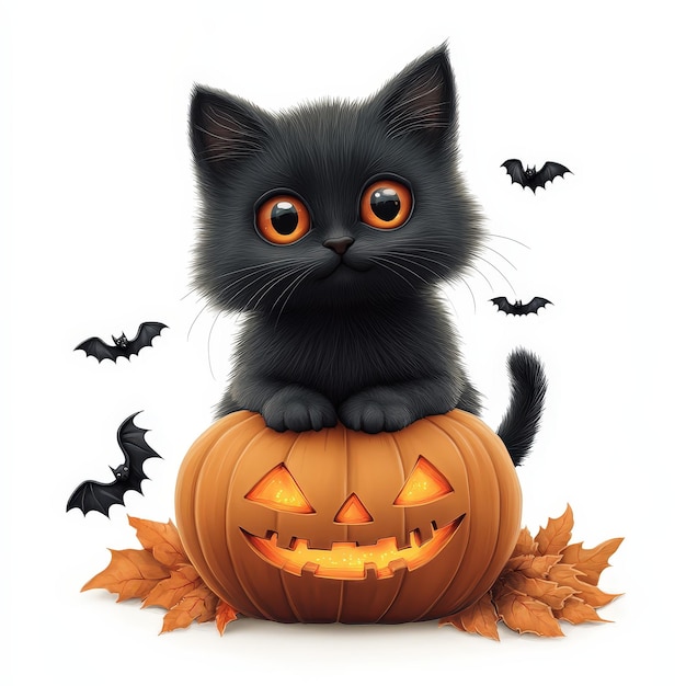 Cute Black Kitten Sitting on a JackoLantern for Halloween