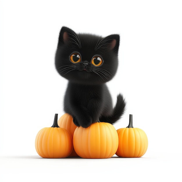 Cute Black Kitten Sitting on Pumpkins for Halloween