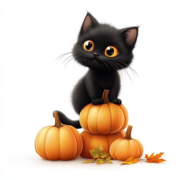 Cute Black Kitten Sitting On Pumpkins