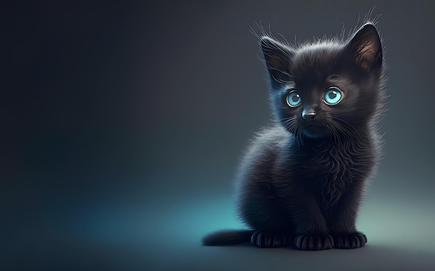 Cute black kitten with blue eyes sitting on a dark isolated background