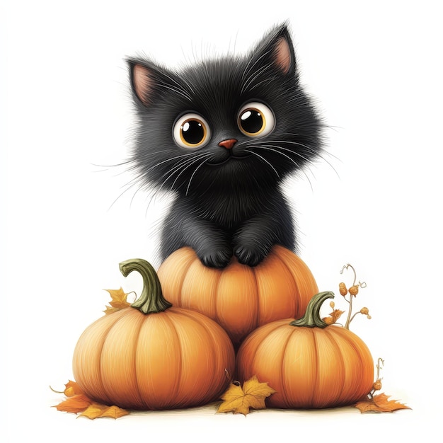 Cute Black Kitten with Pumpkins for Halloween