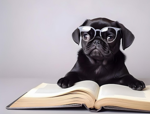 Cute black PUG puppy with book about bedtime stories