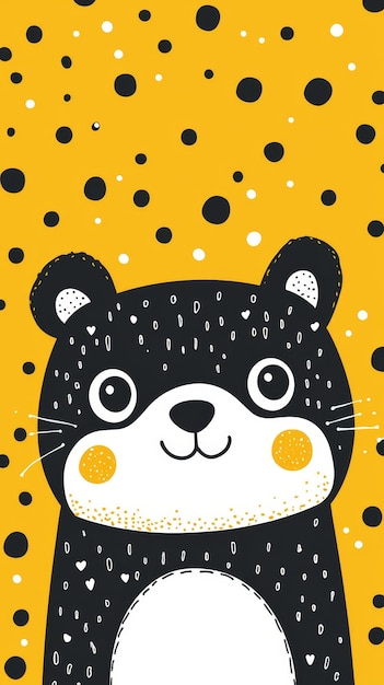 Cute Black and White Bear with Yellow Polka Dot Background