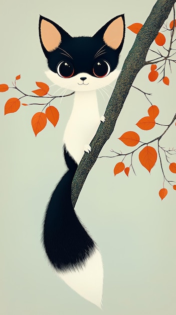 Cute Black and White Cat with Big Eyes Sitting on a Branch with Autumn Leaves