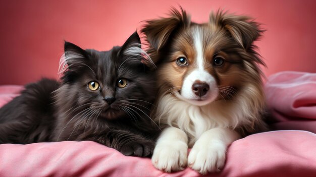 Photo cute black and white kitten and chihuahua puppy on pink background