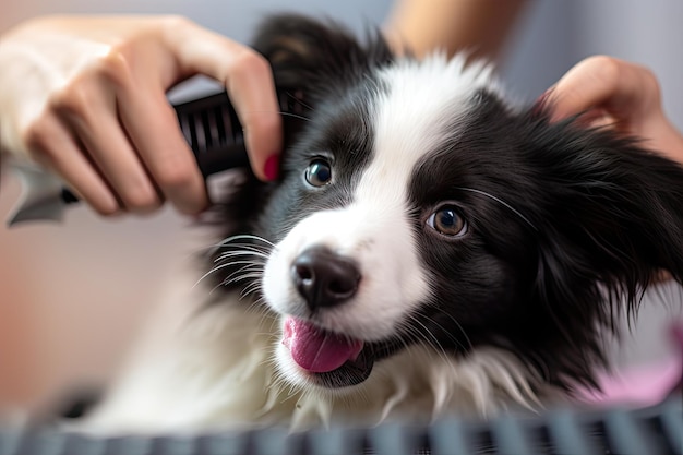 Photo cute black and white puppy getting haircut at groomer generative ai