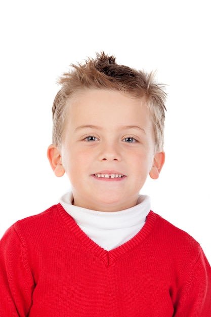 Cute blond kid with red jersey