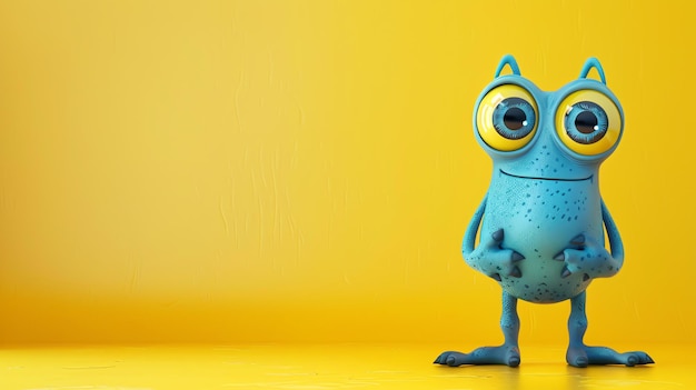 A cute blue cartoon monster with big eyes stands on a yellow background