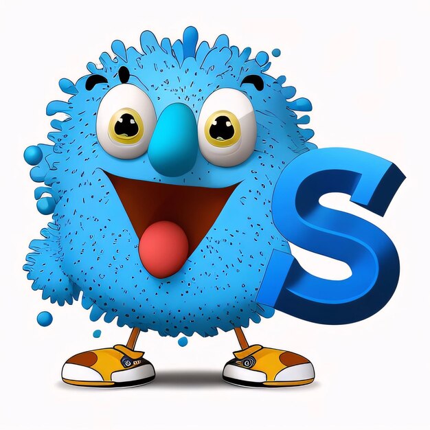 Photo cute blue cartoon monster with letter s isolated on white background