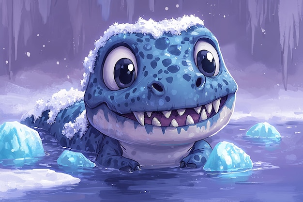 Cute Blue Dinosaur in Snowy Water