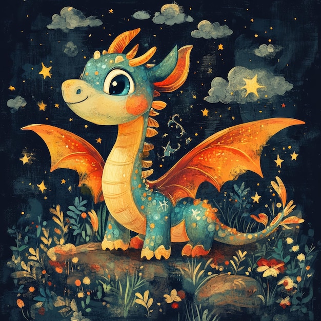 Cute blue dragon with orange wings in a whimsical setting