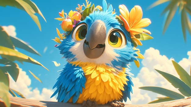 Cute Blue Macaw Parrot with Flowers Adorable Tropical Bird Illustration