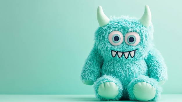 Photo cute blue monster plush toy with big eyes and teeth sitting on a mint green background