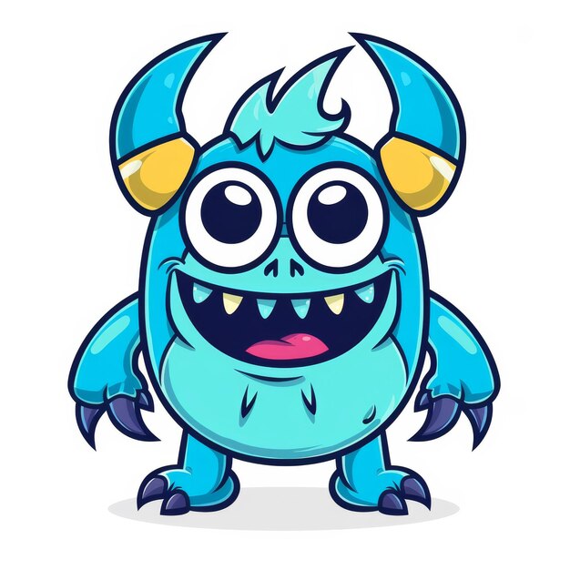 Photo a cute blue monster with horns big eyes and a wide toothy grin