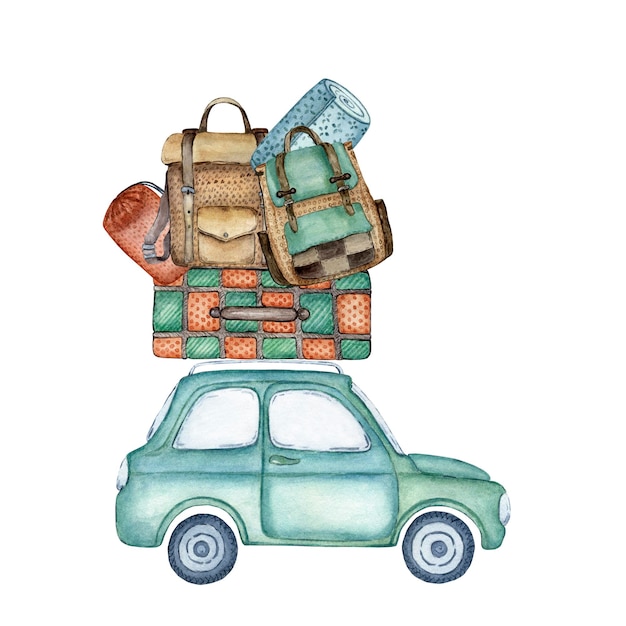 Cute blue old car The car is loaded with luggage for the trip Watercolor illustration