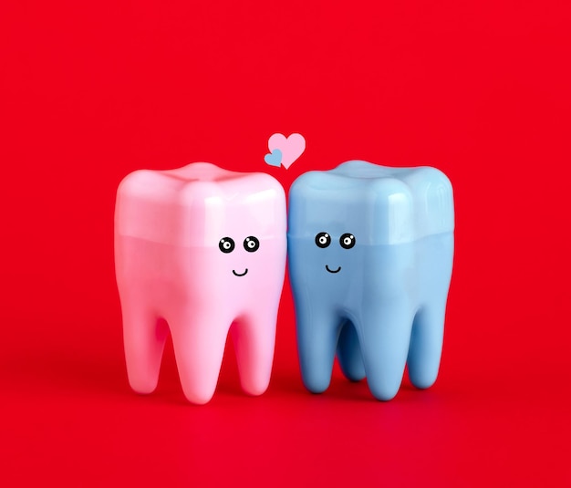 Cute blue and pink tooth on red background St Valentines day card