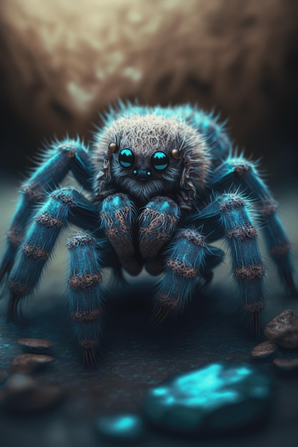 Cute blue spider on blurred background created using generative ai technology