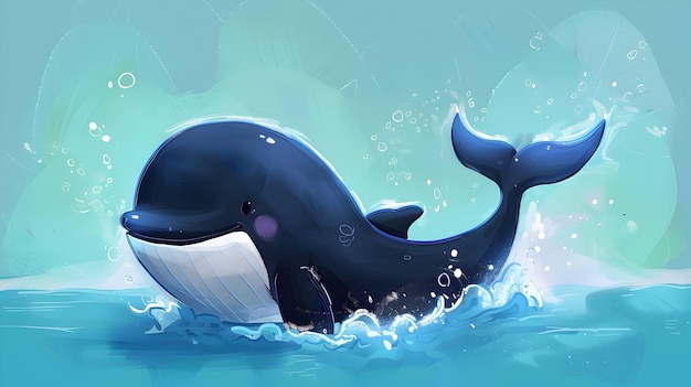 Cute Blue Whale Illustration with Ocean Bubbles and Waves