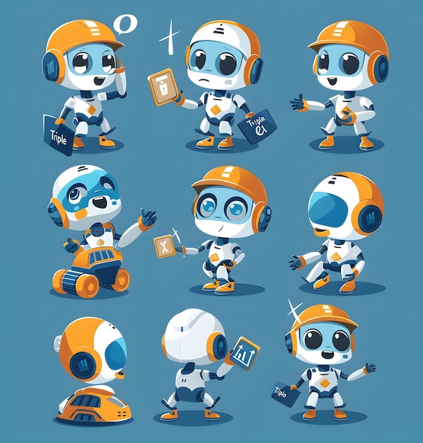 Cute Blue and White Robot in Various Expressions and Poses Working on a Construction Site