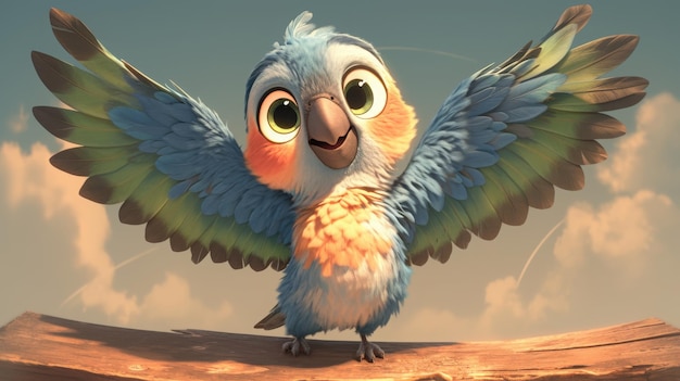 Cute blue and yellow parrot cartoon character with spread wings