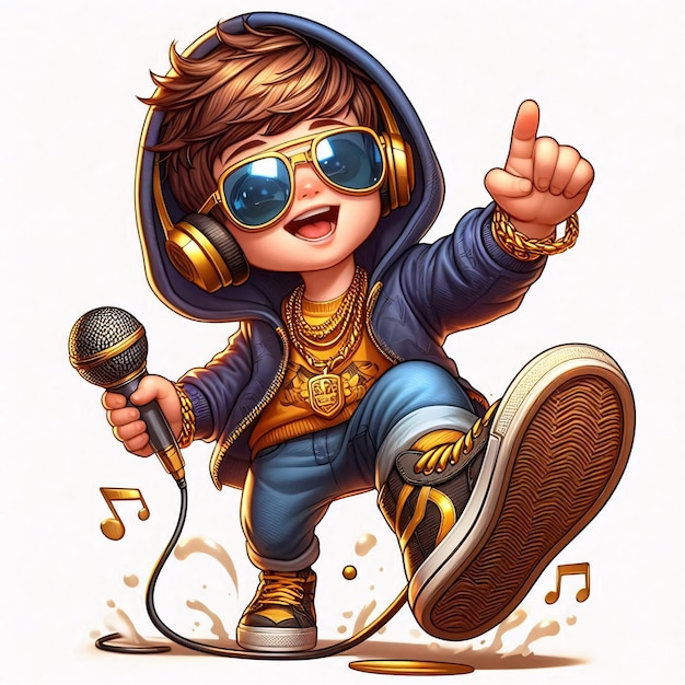 A cute boy cartoon rapper in hip hop style wearing sunglass and head phone cool vector art