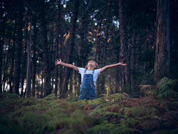 Cute boy in denim overall with spread arms standing in woods with green fern plants and trees on summer day