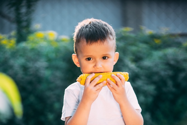 Cute boy in the garden or outdoor Park eating boiled corn is very appetizing in summer