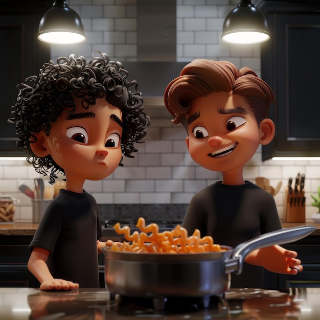 cute boy and girl in the kitchen with a pot of pasta