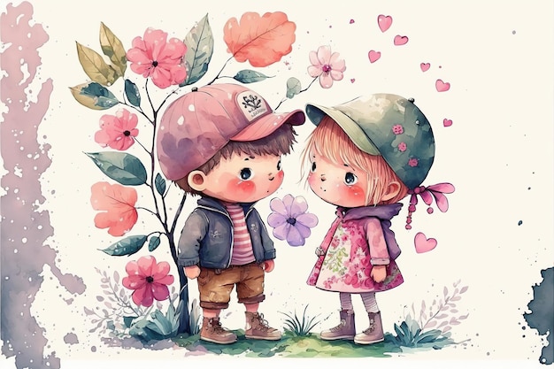 Cute boy and girl in love on romantic Valentine's day hand drawn cartoon style