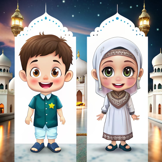 Photo cute boy and girl moslem vector icon illustration ramadan mascot cartoon character person icon concept white isolated flat cartoon style suitable for web landing page banner flyer sticker