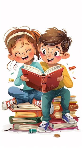 Cute Boy and Girl Relaxing and Enjoying Reading