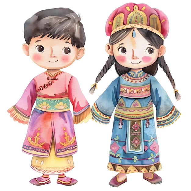 Cute boy and girl wearing traditional costume Watercolor illustration