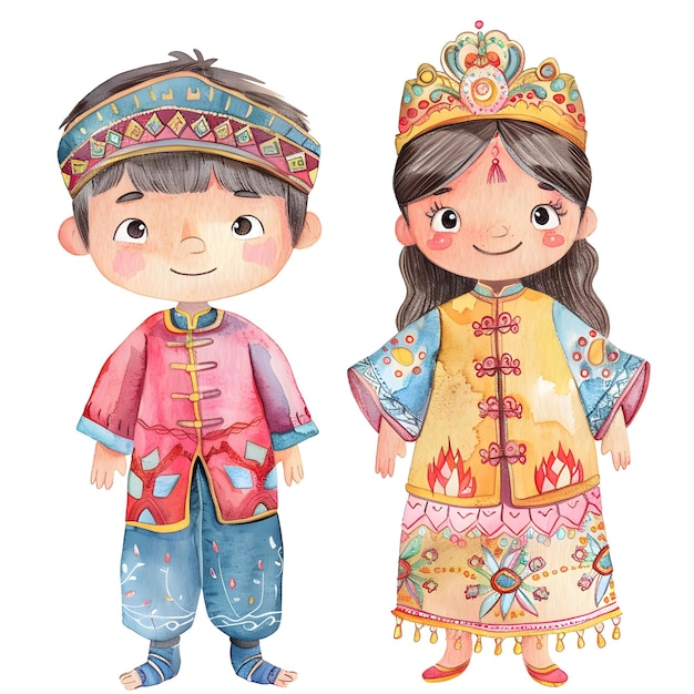 Cute boy and girl wearing traditional costume Watercolor illustration