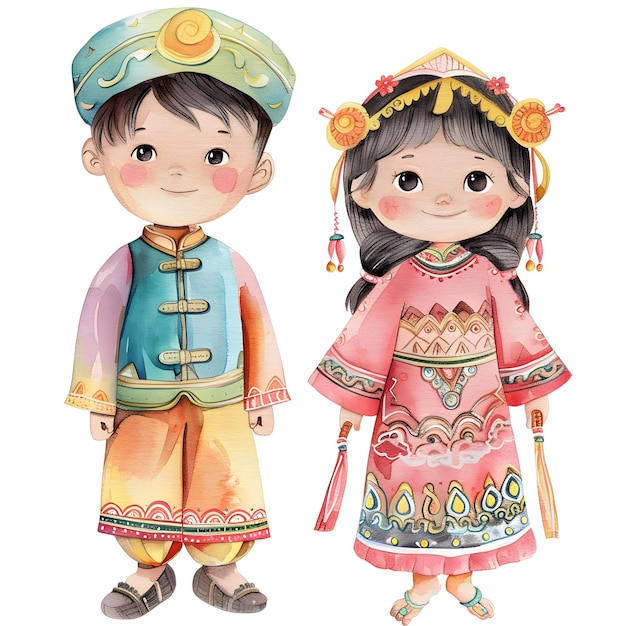 Cute boy and girl wearing traditional costume Watercolor illustration