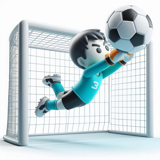 Photo a cute boy goalkeeper is jumping trying to catch the ball 3d style white background