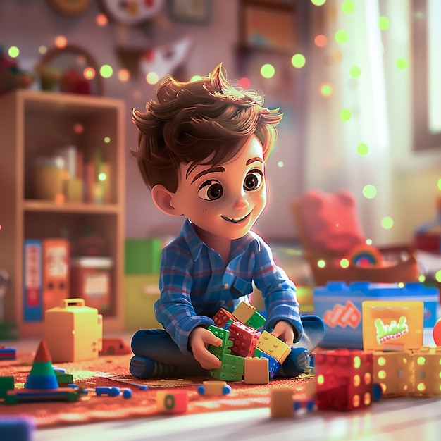 A cute boy is sitting on the floor playing with blocks