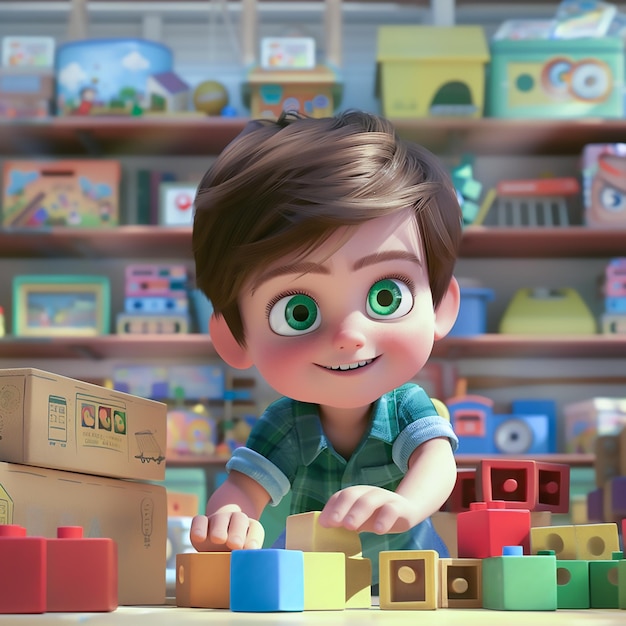 A cute boy is sitting on the floor playing with blocks