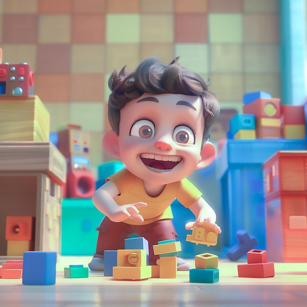 A cute boy is sitting on the floor playing with blocks